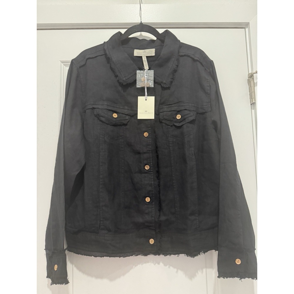 NWT Crown Linen Designs 100% Linen Jacket XL Black Raw Edge Cropped Shacket Boho - Picture 2 of 12